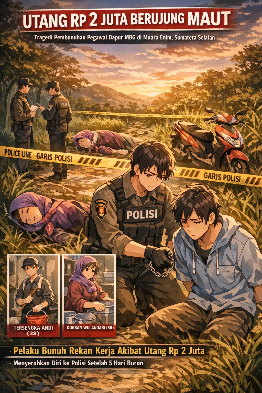 Utang Rp 2 juta berujung tragedi. Polisi mengungkap motif sebenarnya di balik pembunuhan pegawai dapur program Makan Bergizi Gratis (MBG) di Muara Enim.