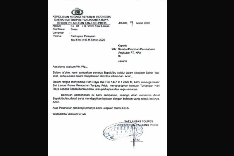 Polres Tanjung Priok membantah telah mengirim surat permintaan Tunjangan Hari Raya (THR) kepada pengusaha dan menegaskan surat yang beredar merupakan hoaks. Polisi mengimbau masyarakat untuk waspada dan segera melapor jika menemukan indikasi penipuan.