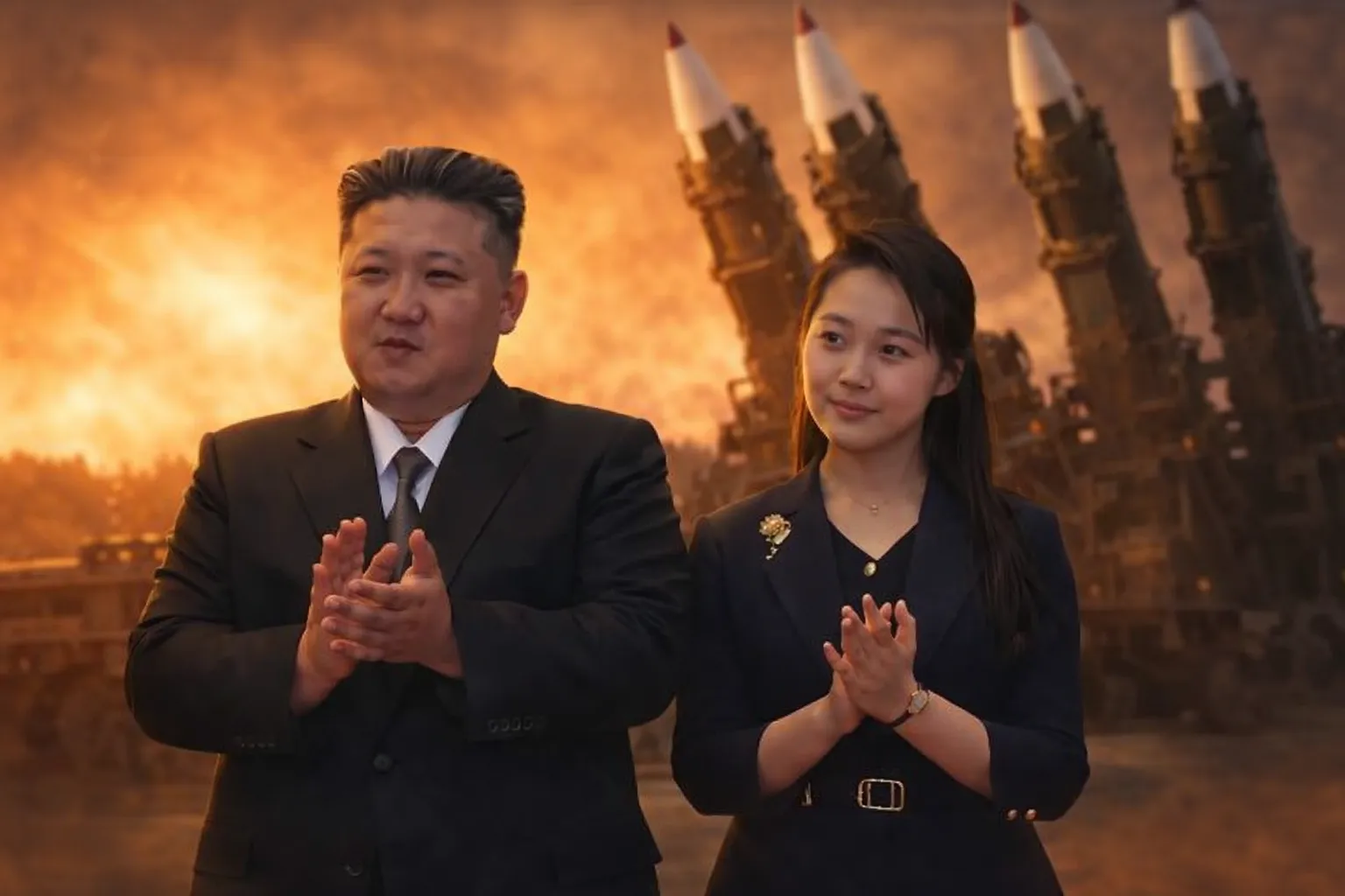 Pemimpin Korea Utara Kim Jong Un bersama putrinya saat menghadiri sebuah acara, dengan latar instalasi militer. Momen ini kembali menyoroti peran sentral Kim dalam kepemimpinan Korea Utara serta simbol kekuatan pertahanan negara tersebut.